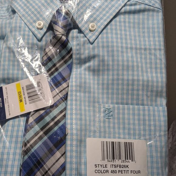 NWT Boy's medium size 10/12 gingham Blue button down long sleeve shirt & tie - Picture 3 of 3
